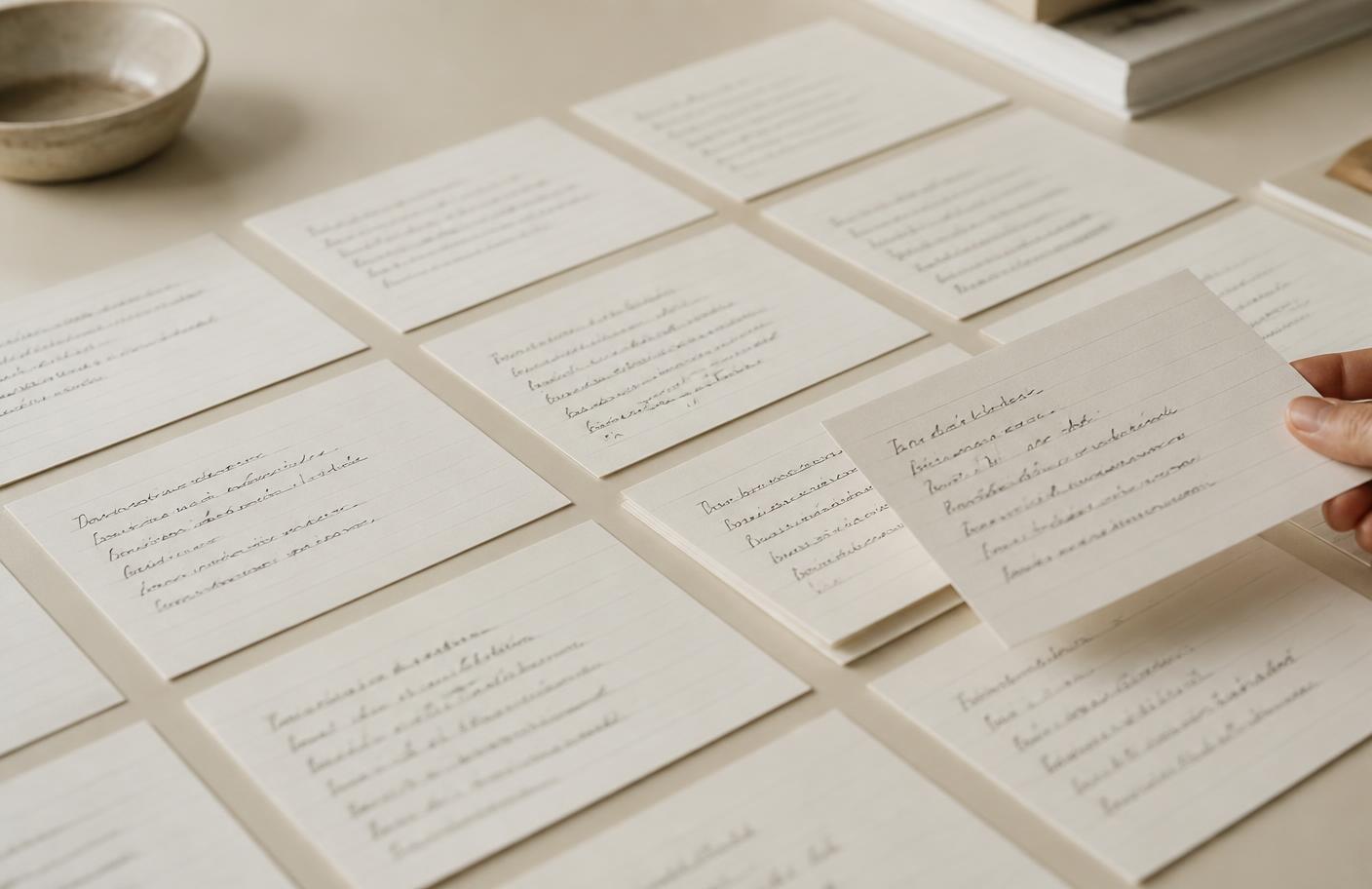 Handwritten index cards laid out in a grid on a desk, each holding a short blog post idea, with one card being picked up