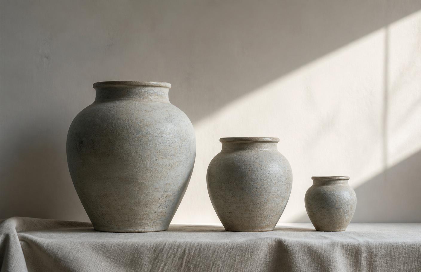Three ceramic jars in decreasing size on a linen surface, sunlight from the side