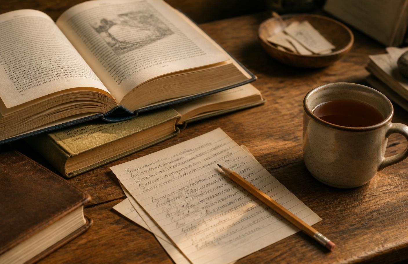 Open books with handwritten review notes and a pencil