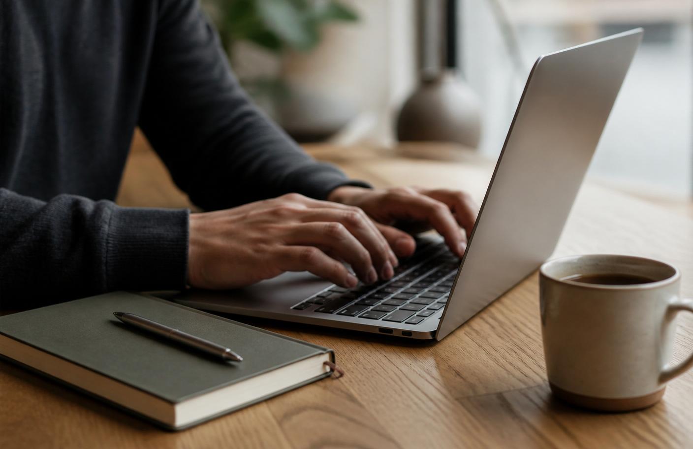 Person typing on a laptop with a notebook and coffee mug on a wooden desk